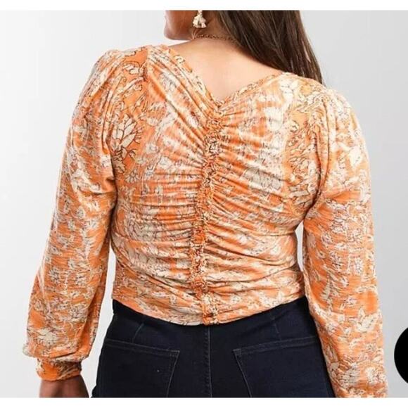 Free People Say The Word Cropped Top Blood Orange Combo Boho Rouched Hippie Sz L - Picture 7 of 16